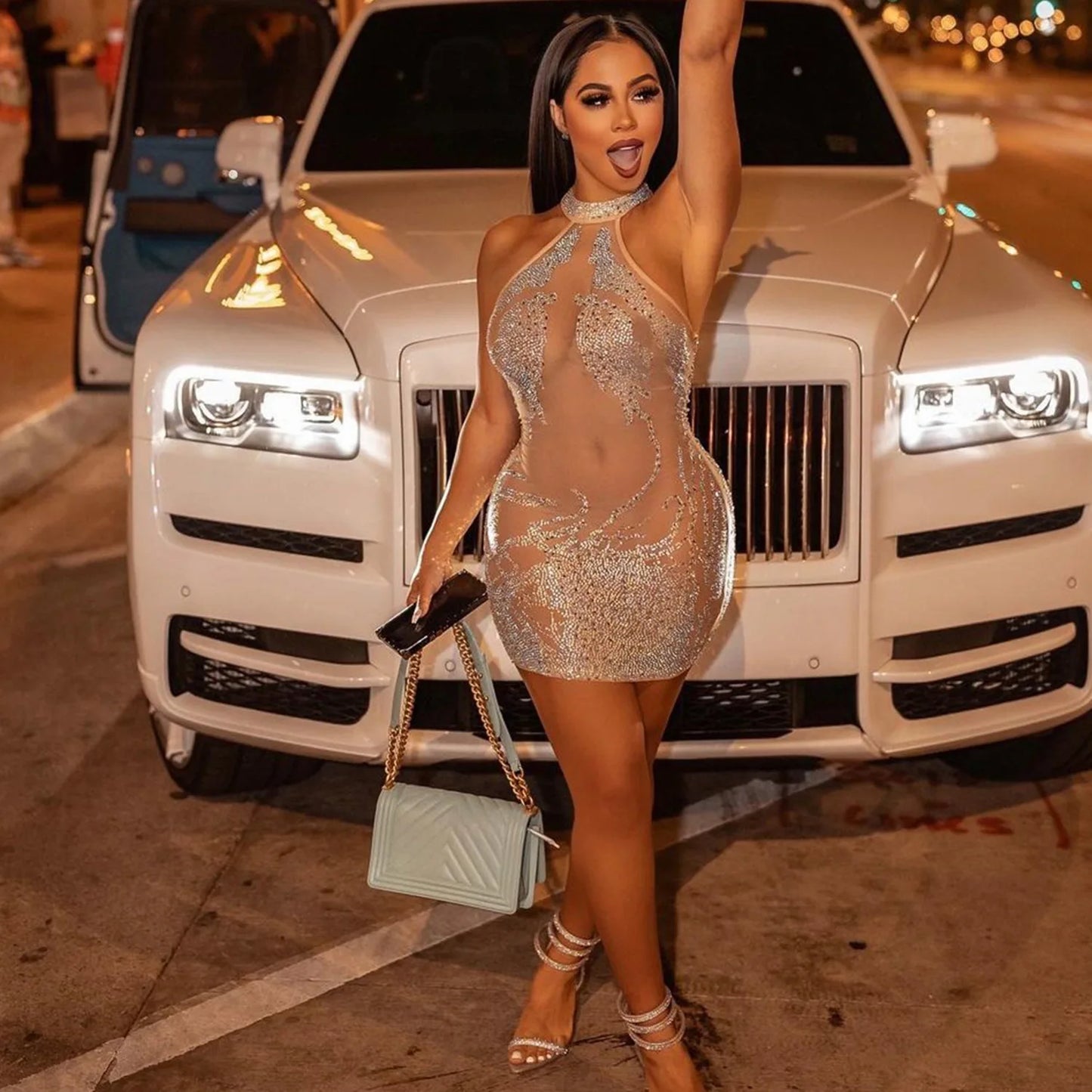 Vestido de Fiesta con Rhinestones - Sexy Mini Dress